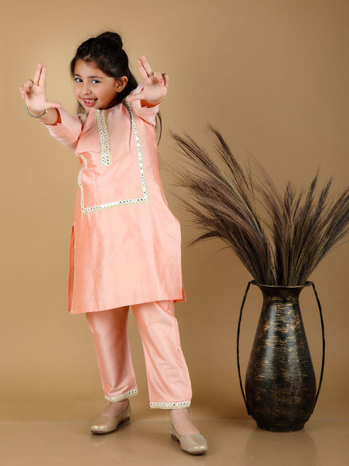 Vastramay Girls' Pink Viscose Kurta Pant Set
